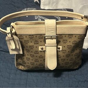 MCM Tan and Cream Canvas and leather Bag